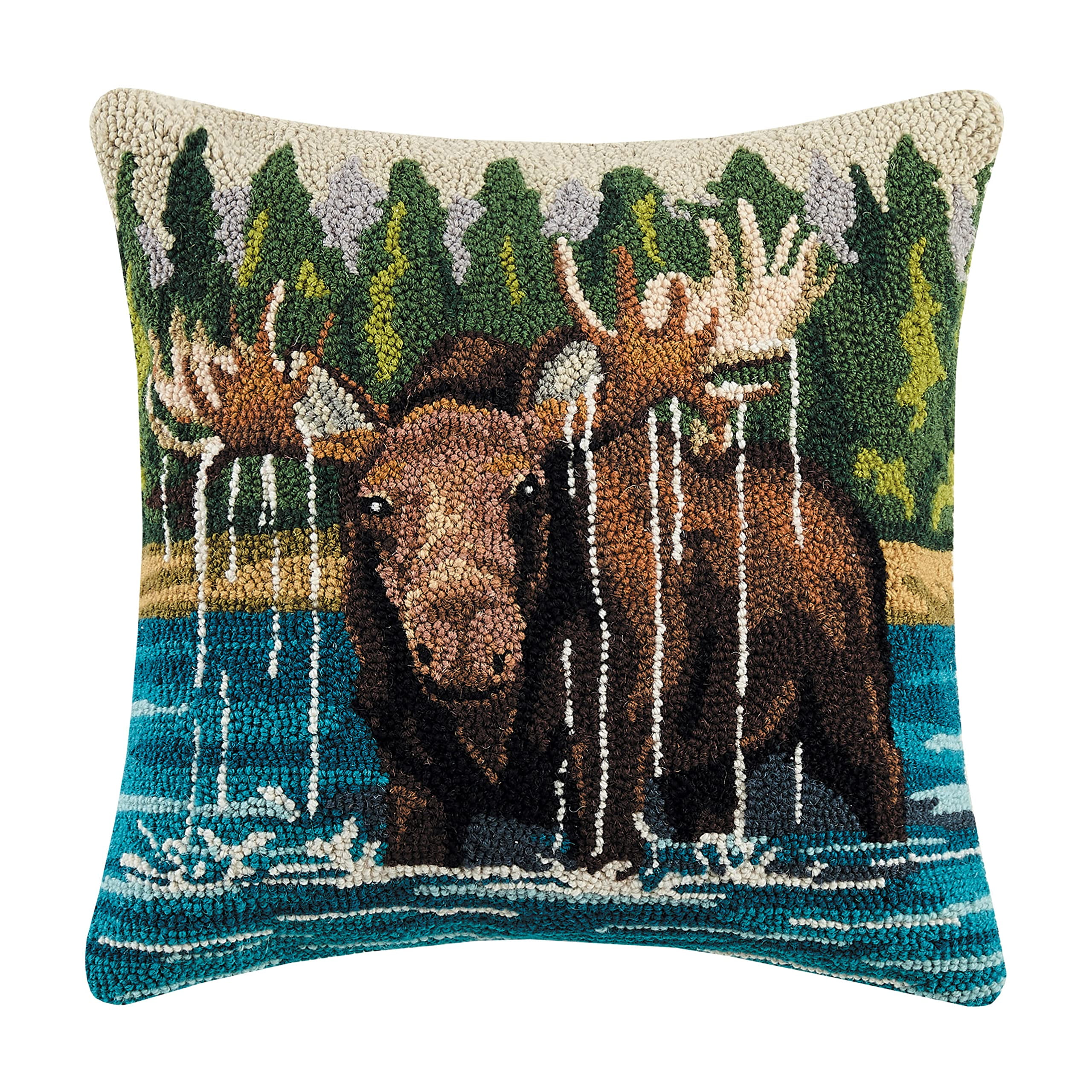 Rustic Square Hand Hooked Wool Moose Pillow