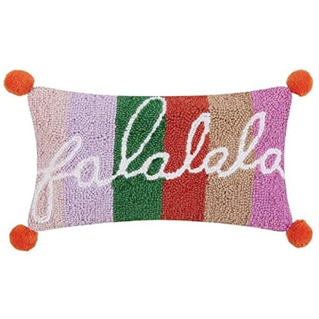 Falala Multicolor Wool and Velvet Hook Pillow with Pom Poms