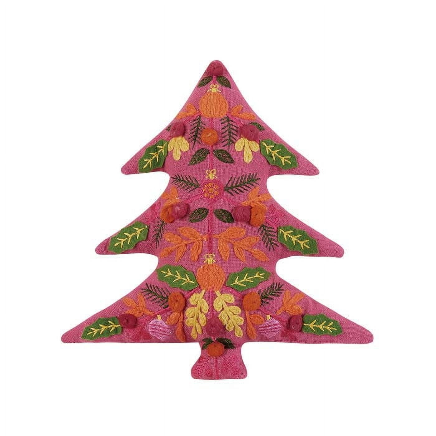 Pink Embroidered Christmas Tree Decorative Pillow, 12-inch