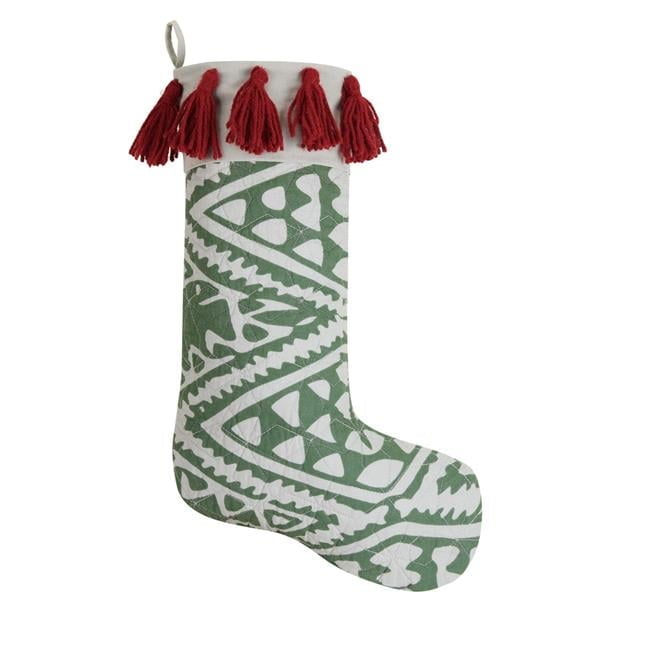 Green and White Cotton Holiday Stocking with Red Tassels