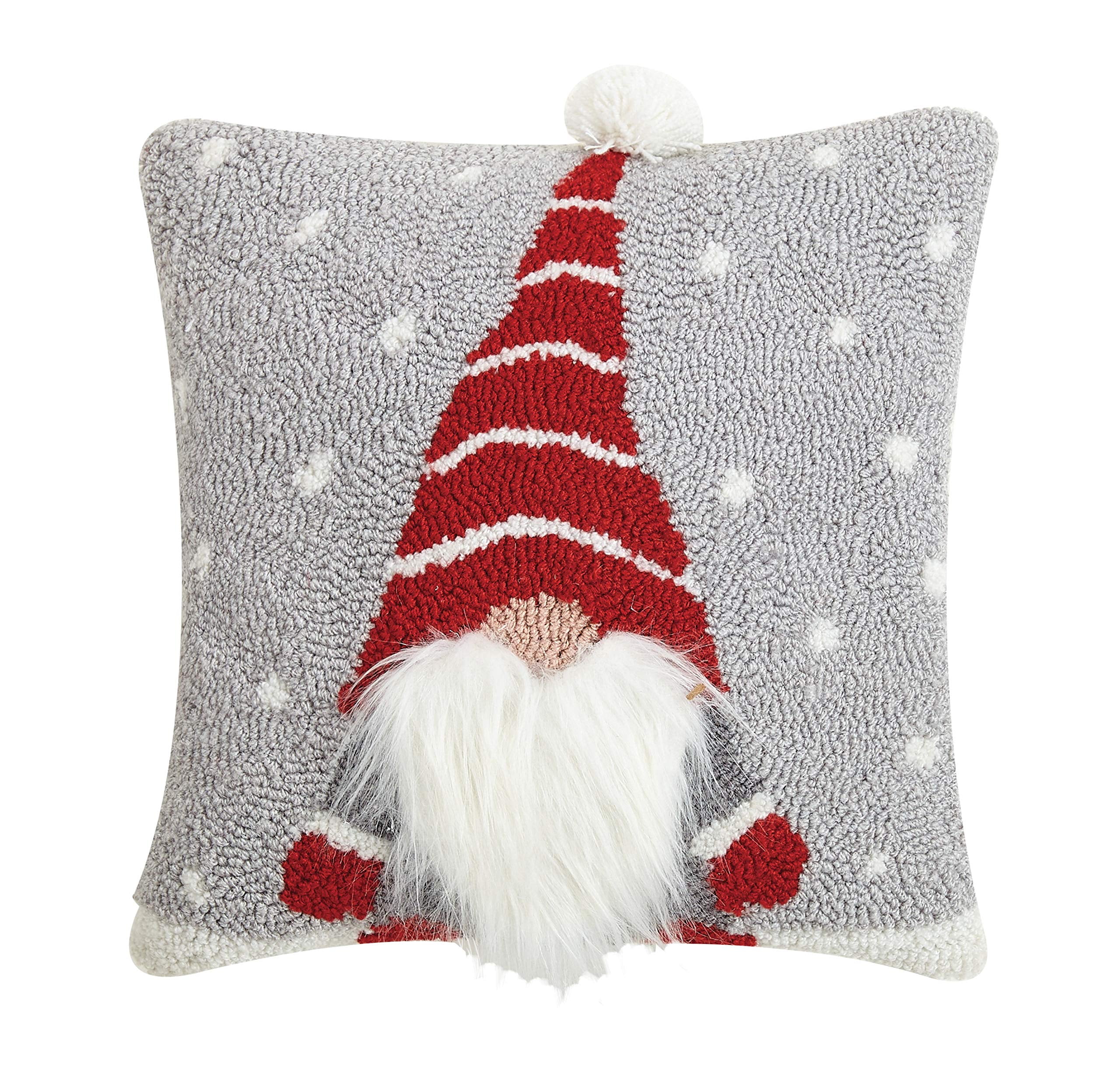 14" Square Gray and Red Polyester Embroidered Gnome Throw Pillow