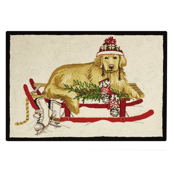 Peking Handicraft 31ML486C40 Golden Retriever on Sled Holiday Hook Rug, 40-inch Length, Wool