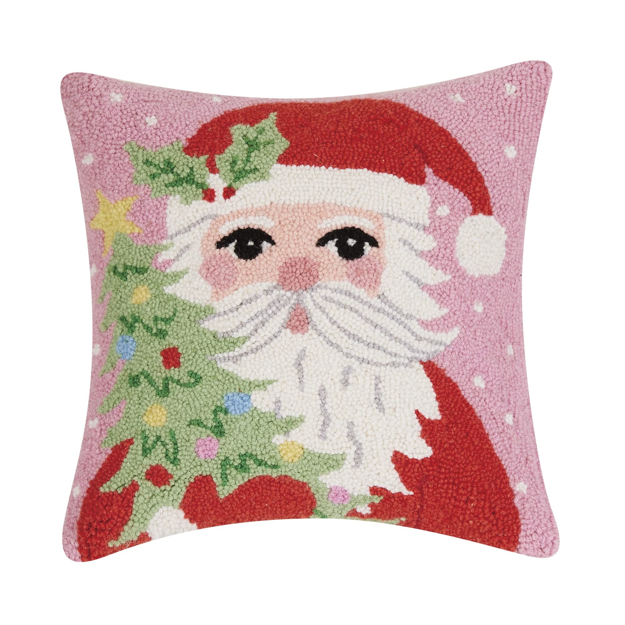 Santa Holding Tree Christmas Wool and Cotton Throw Pillow, 16-inch Square