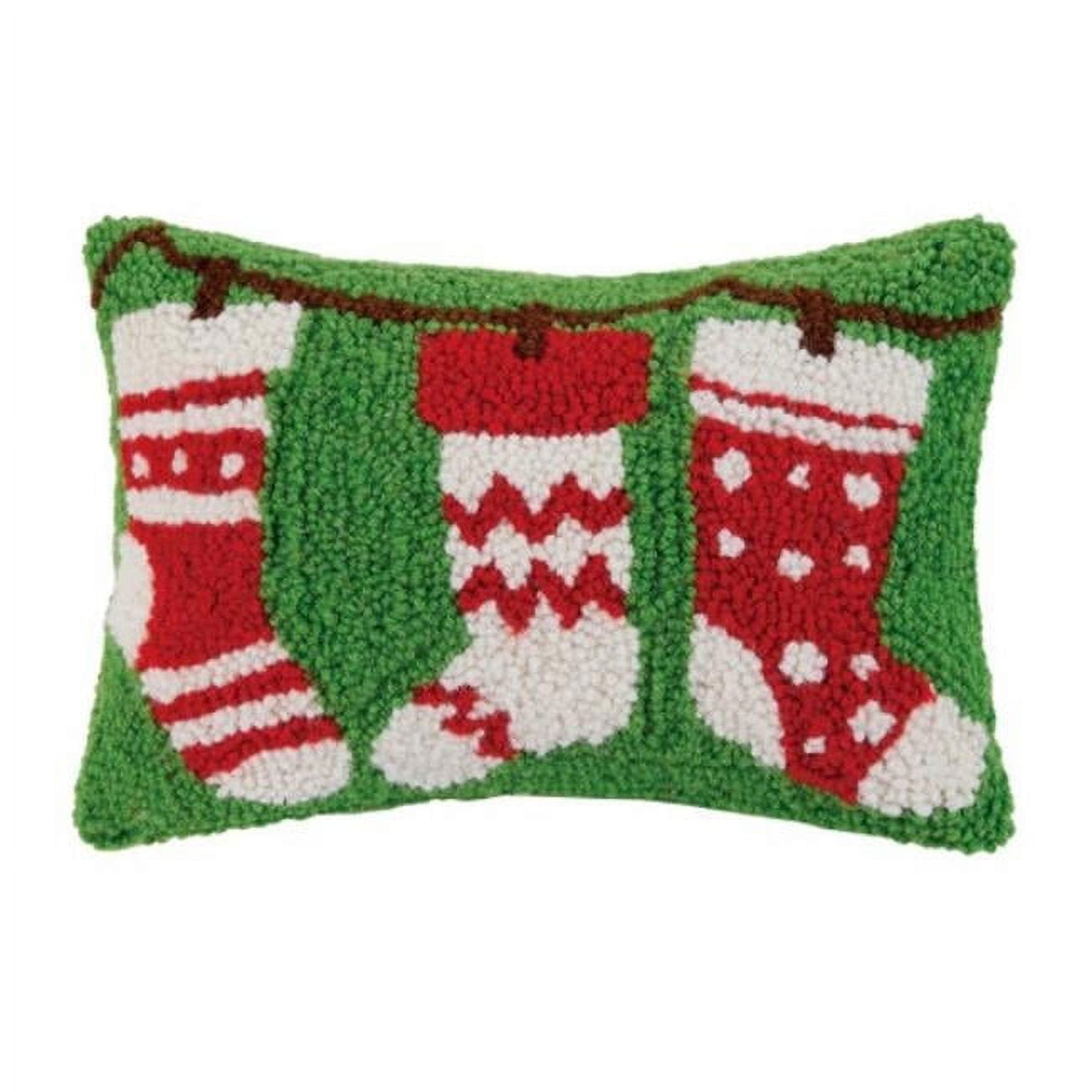 Holiday Red and Green Wool Hooked Stocking Throw Pillow