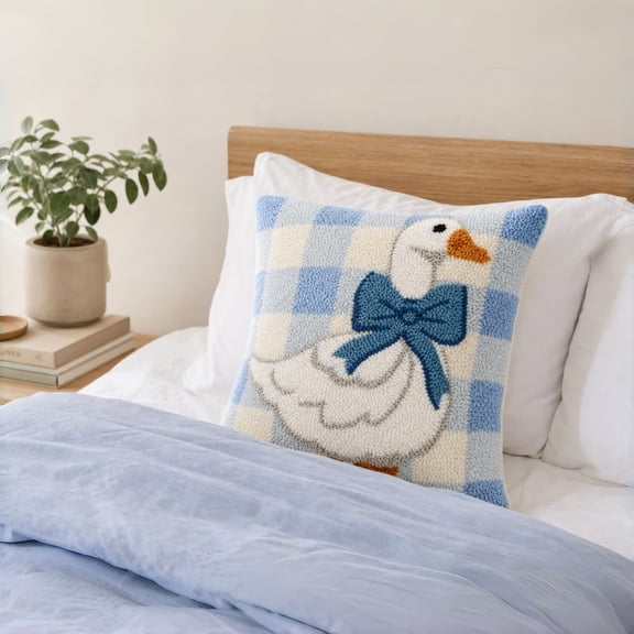 Peking Handicraft Blue Bow Goose Gingham Hooked Throw Pillow, 16" x 16", Farmhouse Decorative Accent Pillow for Couch, Bed, Nursery