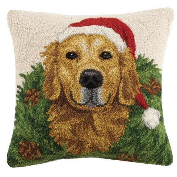 Peking Handicraft Christmas Dogs Hook in Wreath Golden Retriever Wool Throw Pillow, Multicolored