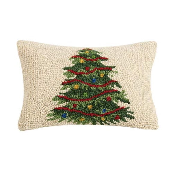 Peking Handicraft Decorated Lighted Christmas Tree Hooked Wool Pillow  8 x 12