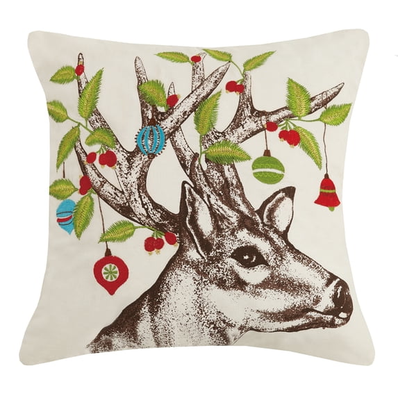 Peking Handicraft Holly Deer Emb/Printed Pillow, Multicolored