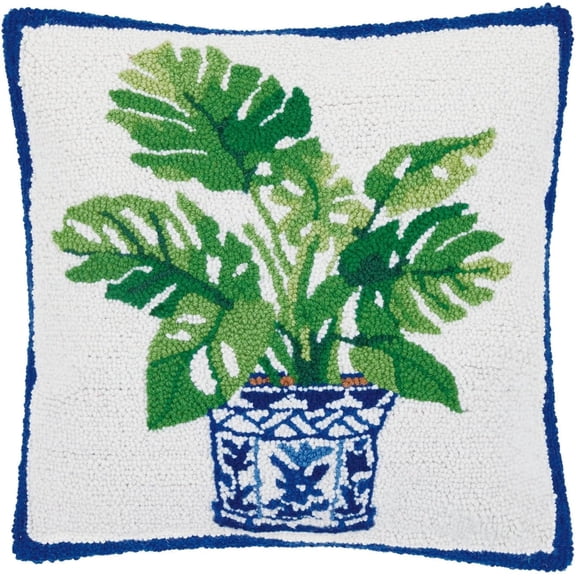 Peking Handicraft Monstera Plant in Blue Vase 18"" Square Hooked Wool Throw Pillow with Polyfill Insert, Artwork by Sally Eckman Roberts, 30SER620C18SQ