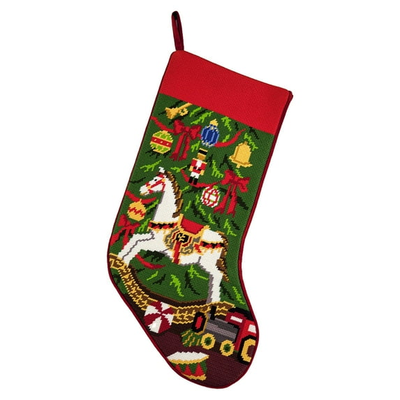 Peking Handicraft Rocking Horse Tree Embroidered Christmas Stocking - 18" x 11"