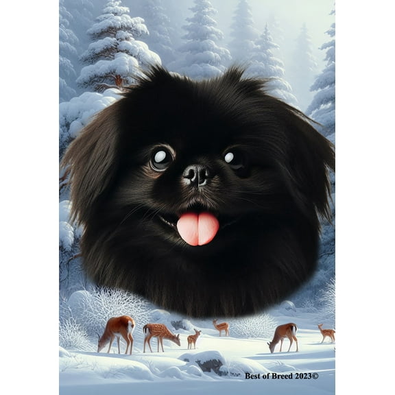 Pekingese Black - Best of Breed Winter Wonderland House Flag 28" x 40"