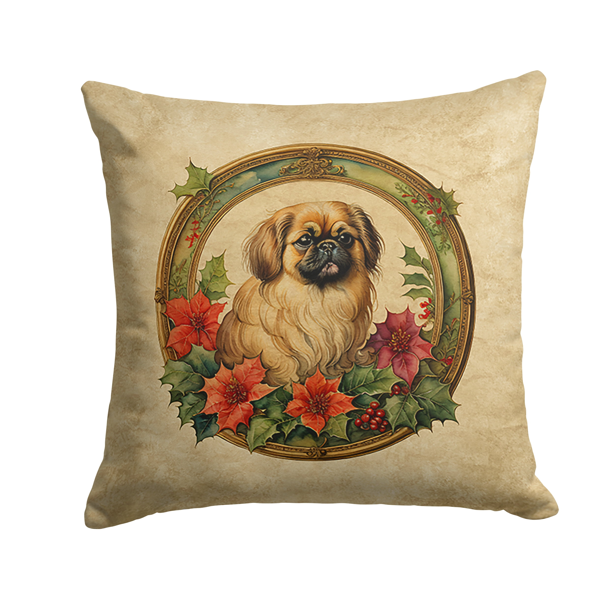 Pekingese Christmas Flowers Throw Pillow 14 in x 14 in