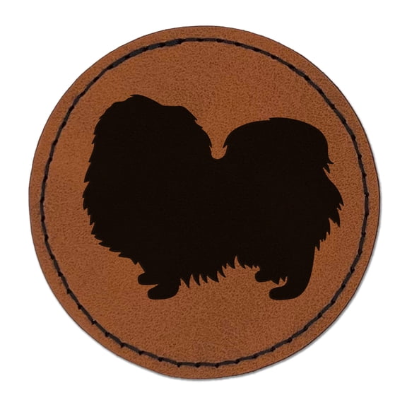 Pekingese Dog Solid 2.5" Faux Leather Round Engraved Iron-On Patch - Brown