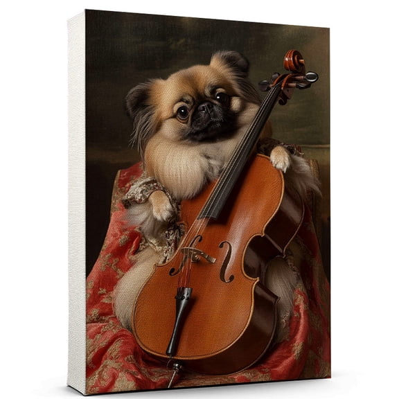 Pekingese Dog Stretched Canvas Size 8x12 – Music Dog, Perfect for Animal Lovers, Pekingese Dog Canvas, Cello Canvas Size Wall Art