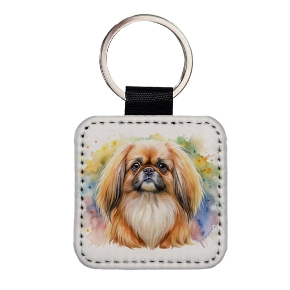 Pekingese Dog Watercolor Style Faux Leather Square Keychain