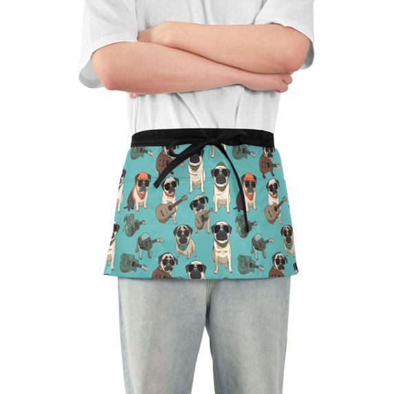Pekingese Dogs and Guitar Server Apron with 3 Pockets Waterproof Waitress Waist Short Apron for Man Woman 12 Inches