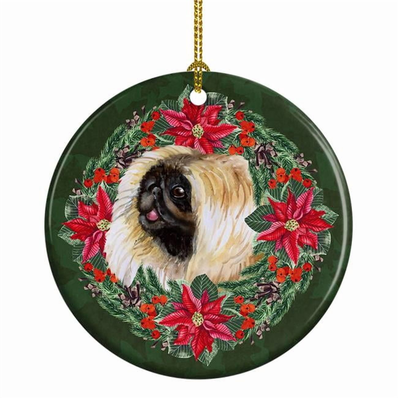 Pekingese Poinsetta Wreath Ceramic Ornament 2.8 in x 2.8 in