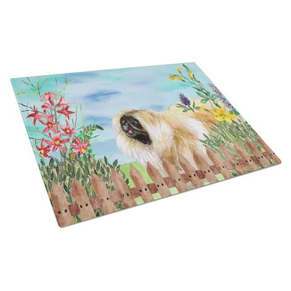 Pekingese Spring Glass Cutting Board, Large