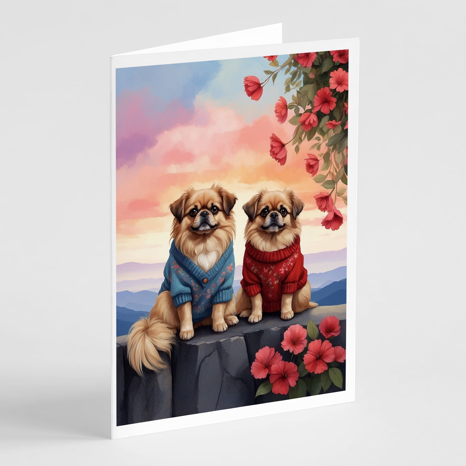 Pekingese Two Hearts Greeting Cards Pack of 8 7 in x 5 in