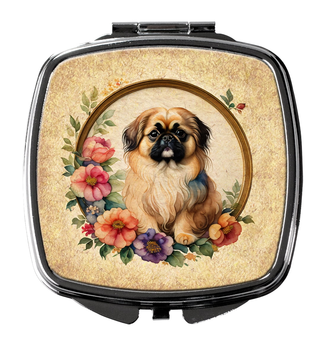 Pekingese and Flowers Compact Mirror 2.75 in x 3 in