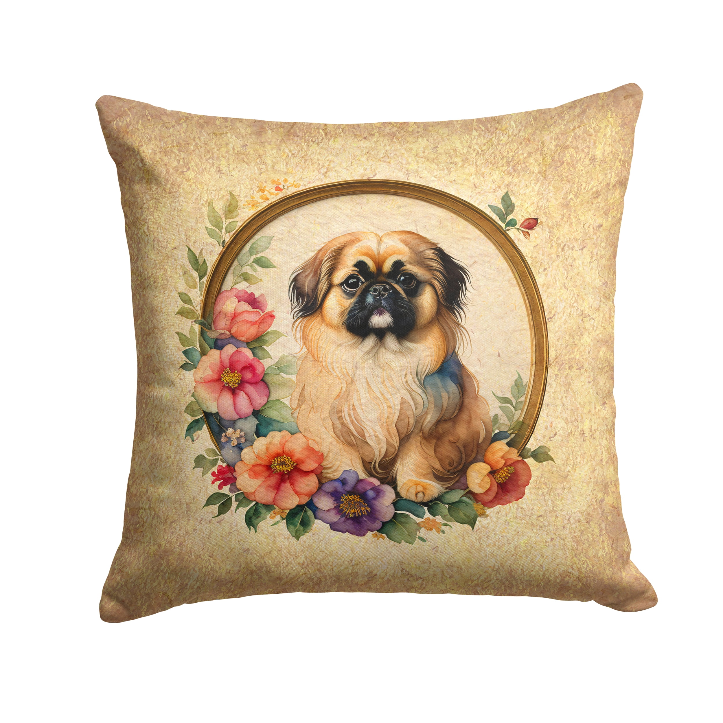 Pekingese and Flowers Fabric Decorative Pillow 14 in x 14 in