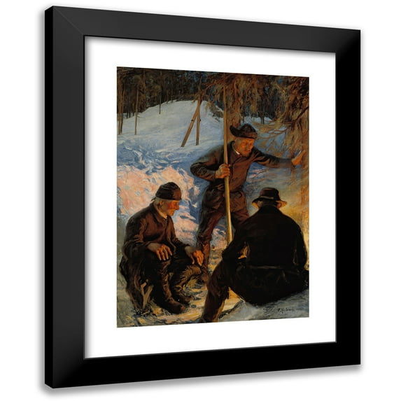 Pekka Halonen 11x14 Black Modern Framed Museum Art Print Titled - Lumberjacks Around a Campfire (1893)
