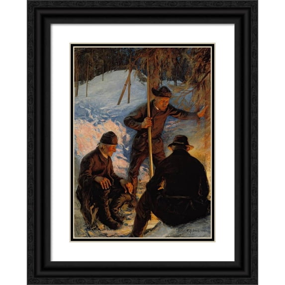 Pekka Halonen 18x24 Black Ornate Framed Double Matted Museum Art Print Titled: Lumberjacks Around a Campfire (1893)