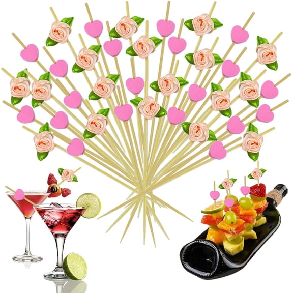 Pekkaxy 100 Pack Fancy Toothpicks for Appetizers 4.7 Inch Long Bamboo Cocktail Picks Pink Heart Rose Flower Shaped Fruit Cake Dessert Barbecue Snacks Sandwiches