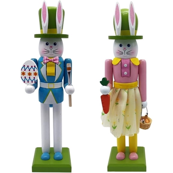 Pekkaxy 2PCS Easter Nutcracker Figurine Decor Wooden Bunny Nutcracker Christmas Statue Wood Sculpture Home Decorative Nutcracker Decor Table Centerpiece Holiday Spring Easter Decorations