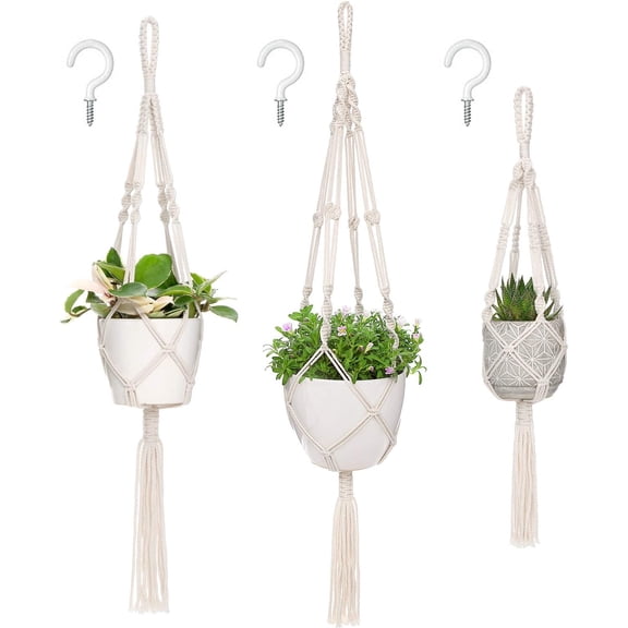 Pekkaxy 3 Pack Macrame Plant Hangers,  Hanging Planters Indoor Basket Decorative Flower Pots Holder Stand Boho Home Decor, Ivory