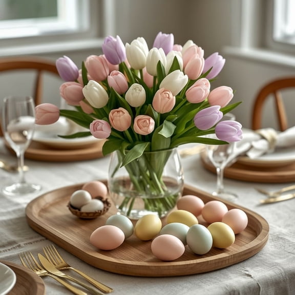 Pekkaxy 36PCS Easter Pastel Tulip Bouquet Set, Artificial Spring Flowers in White Pink Lavender for Home Table Decor, Gift-Ready Floral Arrangement for Holiday Brunch