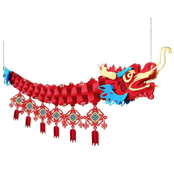 Pekkaxy 3D Chinese New Year Dragon Hanging Decor, 9 ft Long with 12 Ornaments for Festive Wall Display, Creates Auspicious Atmosphere for Living Room or Party