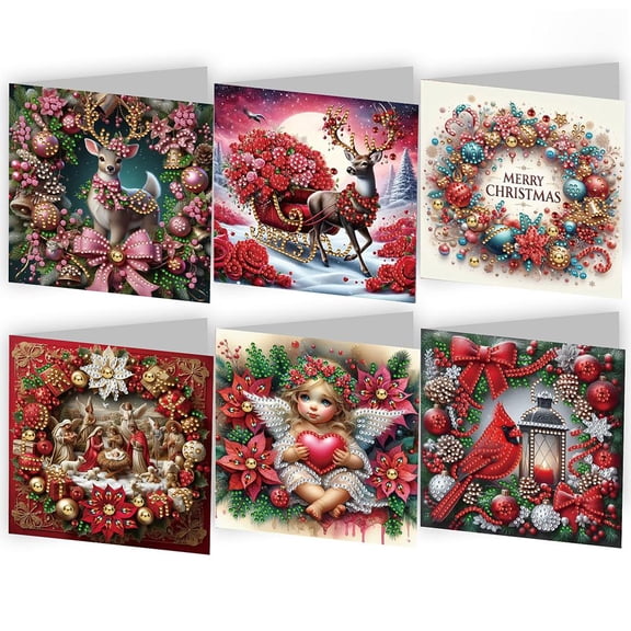 Pekkaxy 6-Pack 5D DIY Diamond Art Christmas Greeting Cards Kit,Art Crafts Kit Creative with Envelope,Creative Gift Idea, 3D Sparkle Handmade Holiday Card Making Craft for Kids & Adults