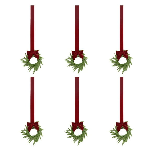 Pekkaxy 6 Pcs Small Christmas Norfolk Wreaths 11.7 Inch Christmas Kitchen Cabinet Mini Wreath Real Touch with Red Bow, Artificial Norfolk Pine Wreath for Xmas Front Door Window Home Table Decor