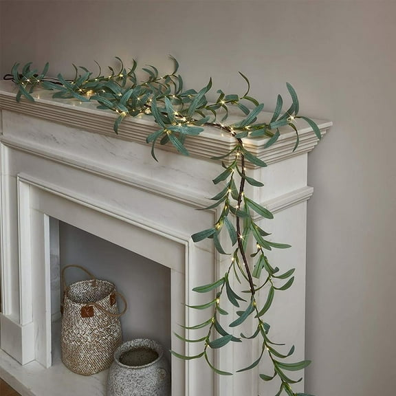 Pekkaxy 6 ft Faux Olive Vine Garland with Fairy Lights, Battery-Operated with Timer for Easy Use, Perfect for Christmas Mantles and Staircases