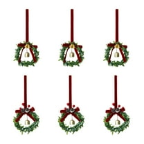 Pekkaxy 6pcs Mini Christmas Wreaths,3.1inch Artificial Cabinets Wreath with Red Velvet Bow and Bell,Small Green Hanging Wreath for Xmas Front Door Window Chair Fireplace Kitchen Decor
