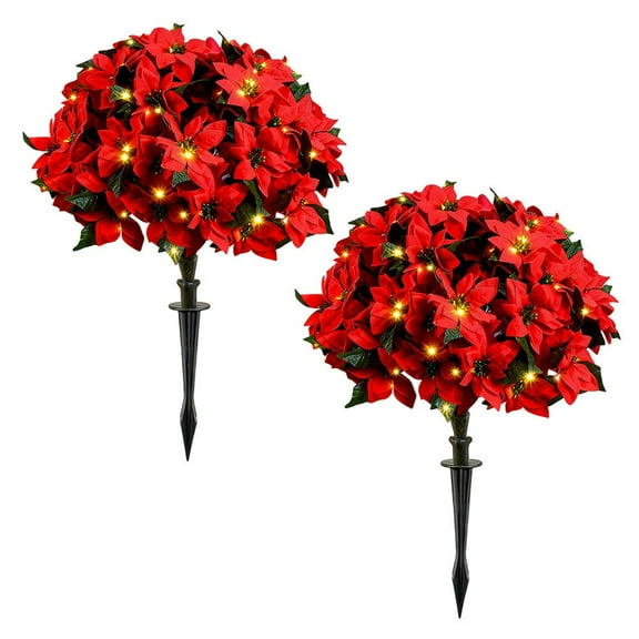 Pekkaxy Artificial Poinsettia Flower Topiary Trees with LED Lights,Faux Christmas Tree with Ground Spike,UV Resistance LED Lights Large Lighted Poinsettia Trees for Indoor Outdoor Christmas Decor