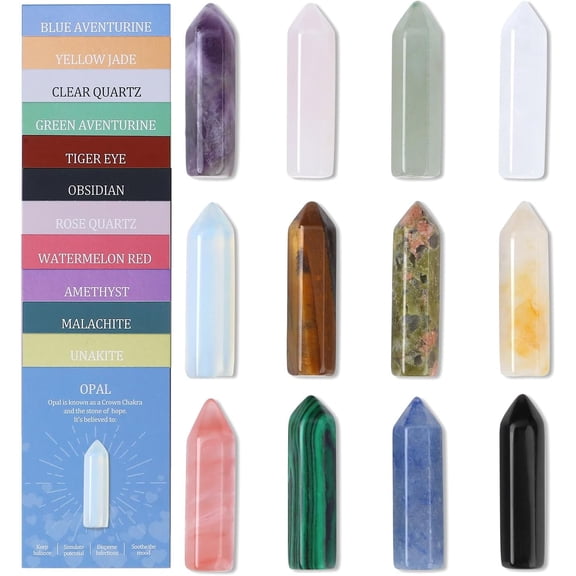 Pekkaxy Assorted Natural Crystal Stones Set, Heart Moon & Single Point Tower Shapes, 12/24PCS Polished Gemstones for Healing, Meditation, Chakra, Spiritual Gifts & Home Decor
