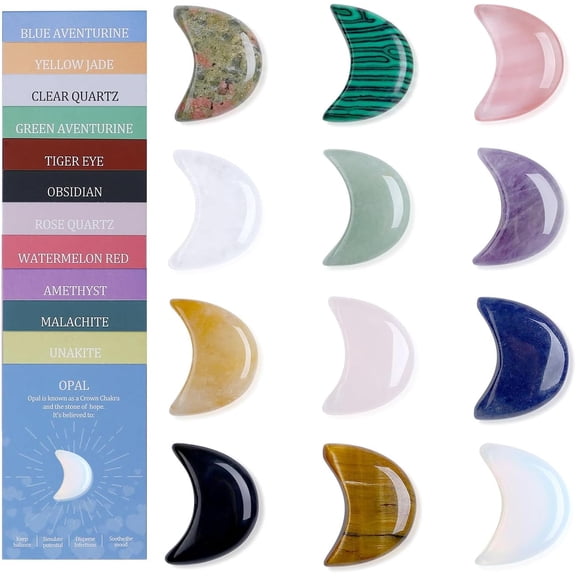 Pekkaxy Assorted Natural Crystal Stones Set, Heart Moon & Single Point Tower Shapes, 12/24PCS Polished Gemstones for Healing, Meditation, Chakra, Spiritual Gifts & Home Decor