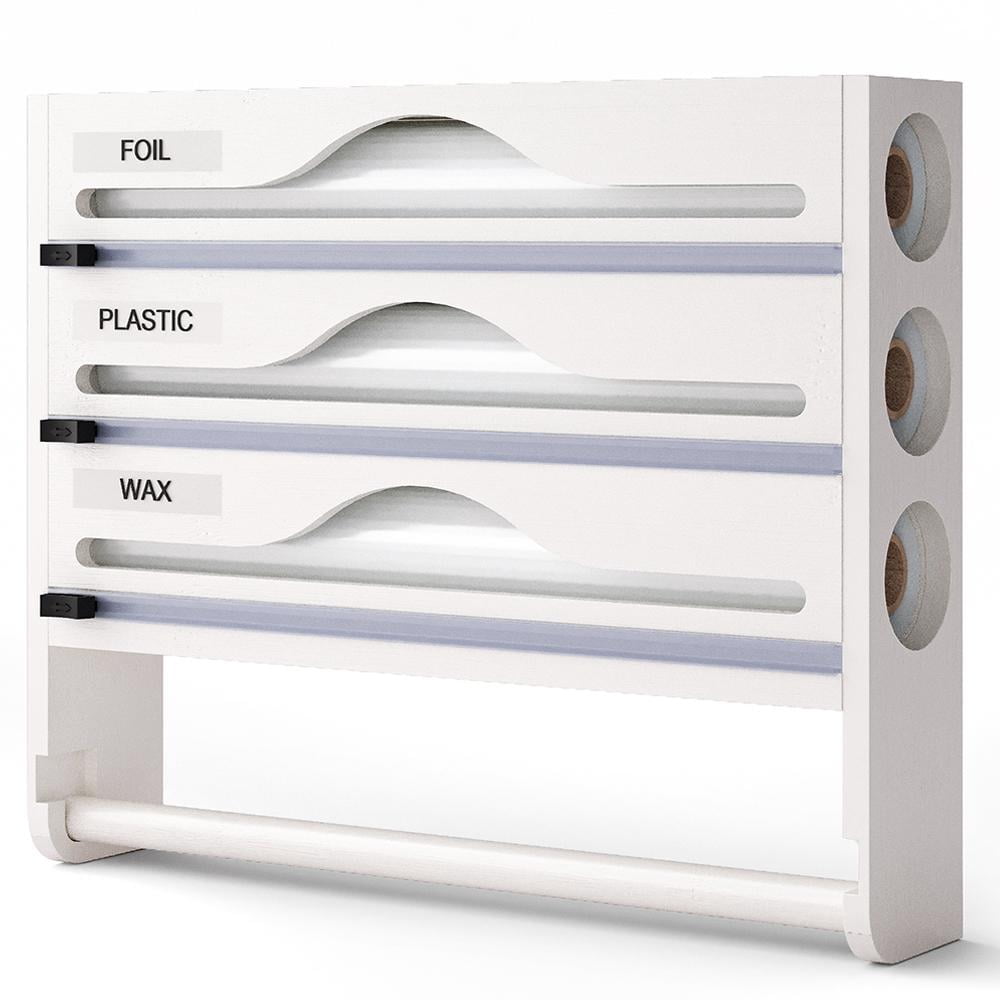 Pekkaxy Bamboo Cling Film Dispenser, 14.24 x 11.70 x 2.93 in, 3-Slot Organizer with Paper Towel Holder, for Efficient Kitchen Food Wrap and Meal Prep