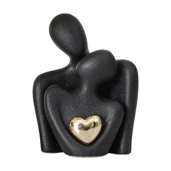 Pekkaxy Ceramic Couple Statue with Golden Heart, Romantic Abstract Decor for Mantel or Bookshelf, Anniversary Gift for Bedroom or Office Display