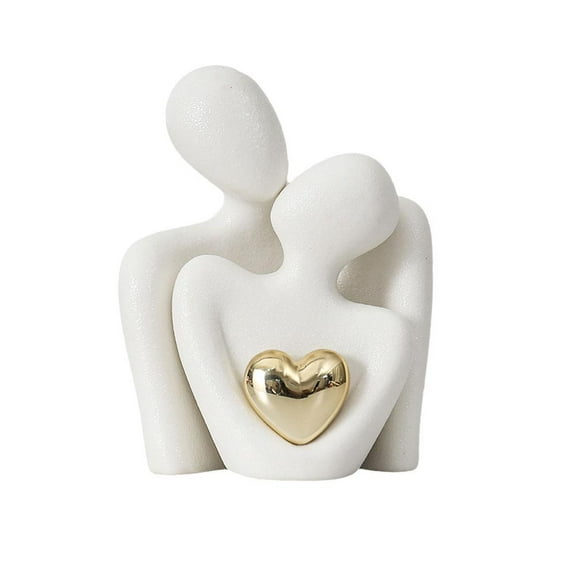 Pekkaxy Ceramic Couple Statue with Golden Heart, Romantic Abstract Decor for Mantel or Bookshelf, Anniversary Gift for Bedroom or Office Display