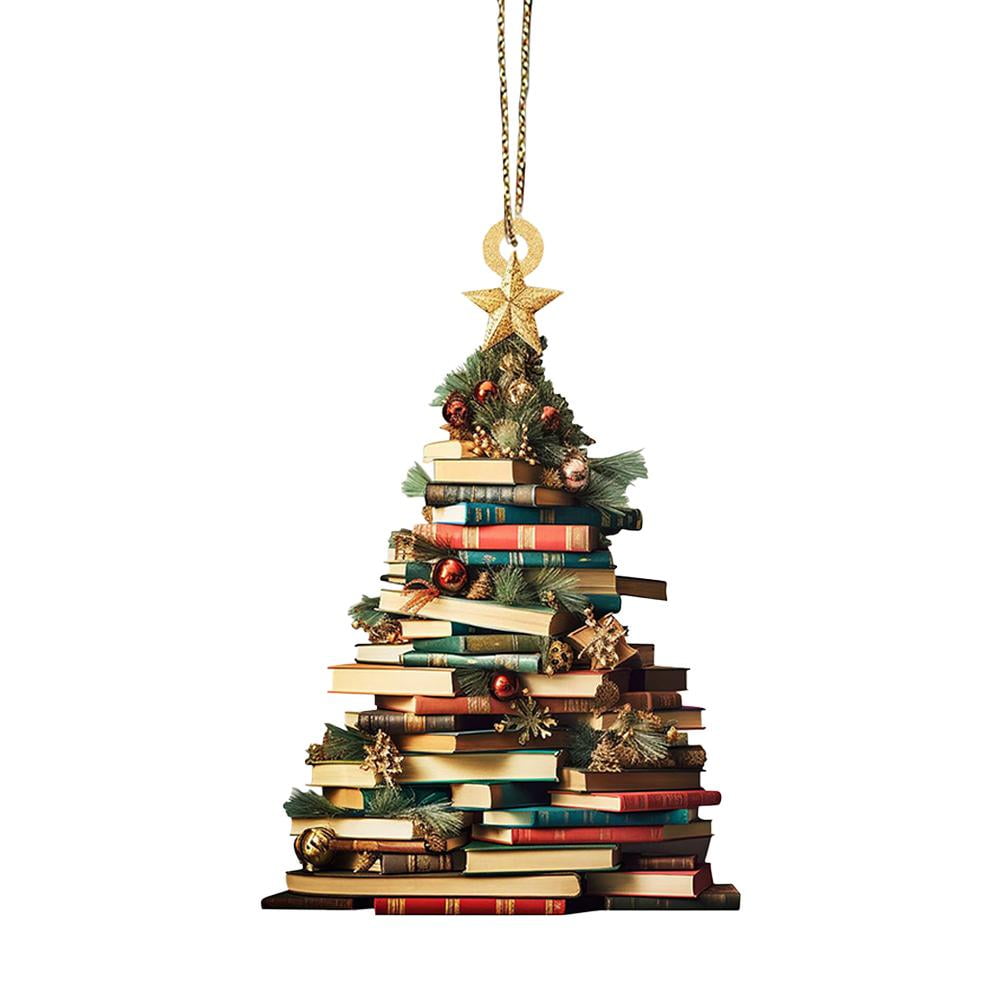 Pekkaxy Christmas Bookshelf Ornament, Acrylic Book Stack Tree Decor for ...