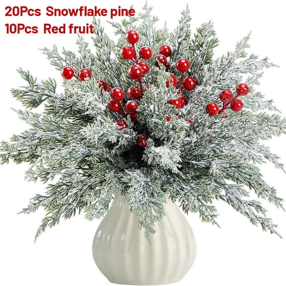 Pekkaxy Christmas Snow Norfolk Pine Branches with Red Berry Stems, 30 Pcs Faux Greenery Stems,Christmas Greenery Picks for Christmas Decorations, Winter Mantel, Tabletop (20 Branches&10 Berries)