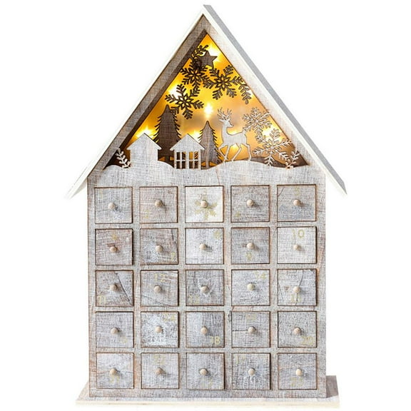 Pekkaxy Christmas Wooden Advent Calendar House With Storage Drawers LED Lighted Countdown Number New Desktop Decor Holiday Ornament
