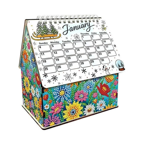 Pekkaxy DIY Diamond Art House Storage Box Calendar Creative Desktop Ornament Monthly Painting Craft Kit