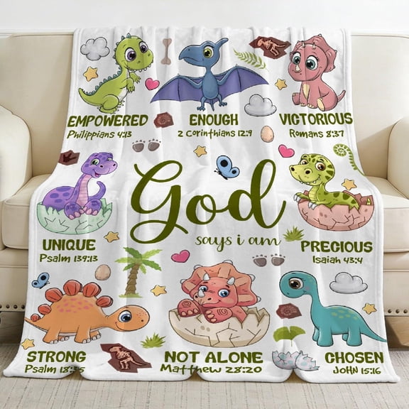 Pekkaxy Dinosaur Blanket ,God Says I Am Dinosaurs Throw Blanket,Dinosaur Gifts,Meaningful Thoughtful Religious Baptism Christian Gifts,Bible Verse Quilt