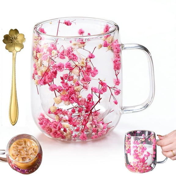 Pekkaxy Double-Wall Glass Mug with Real Dried Flowers, 15.2 oz, Temperature-Resistant Borosilicate Glass for Hot & Cold Drinks, Elegant Hand-Blown Cup with Spoon for Gifting or Home Decor