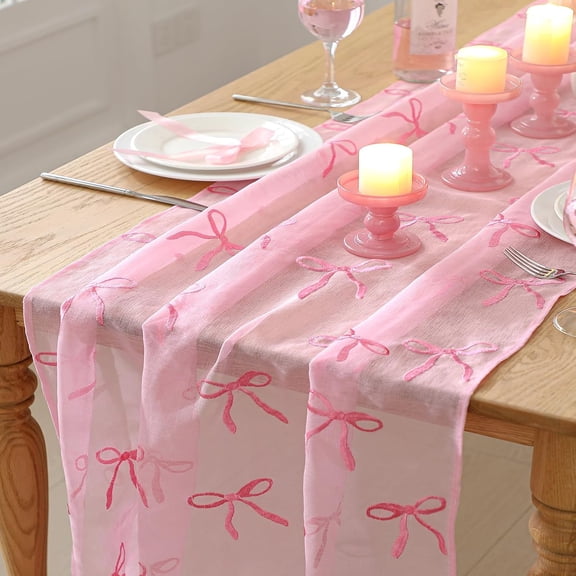 Pekkaxy Embroidery Pink Bow Tulle Table Runner 9.2 ft Pink Cheesecloth Table Runner 110 Inch Gauze Boho Dining Decor for Wedding Birthday Baby Shower Christmas Valentine's Home Decor