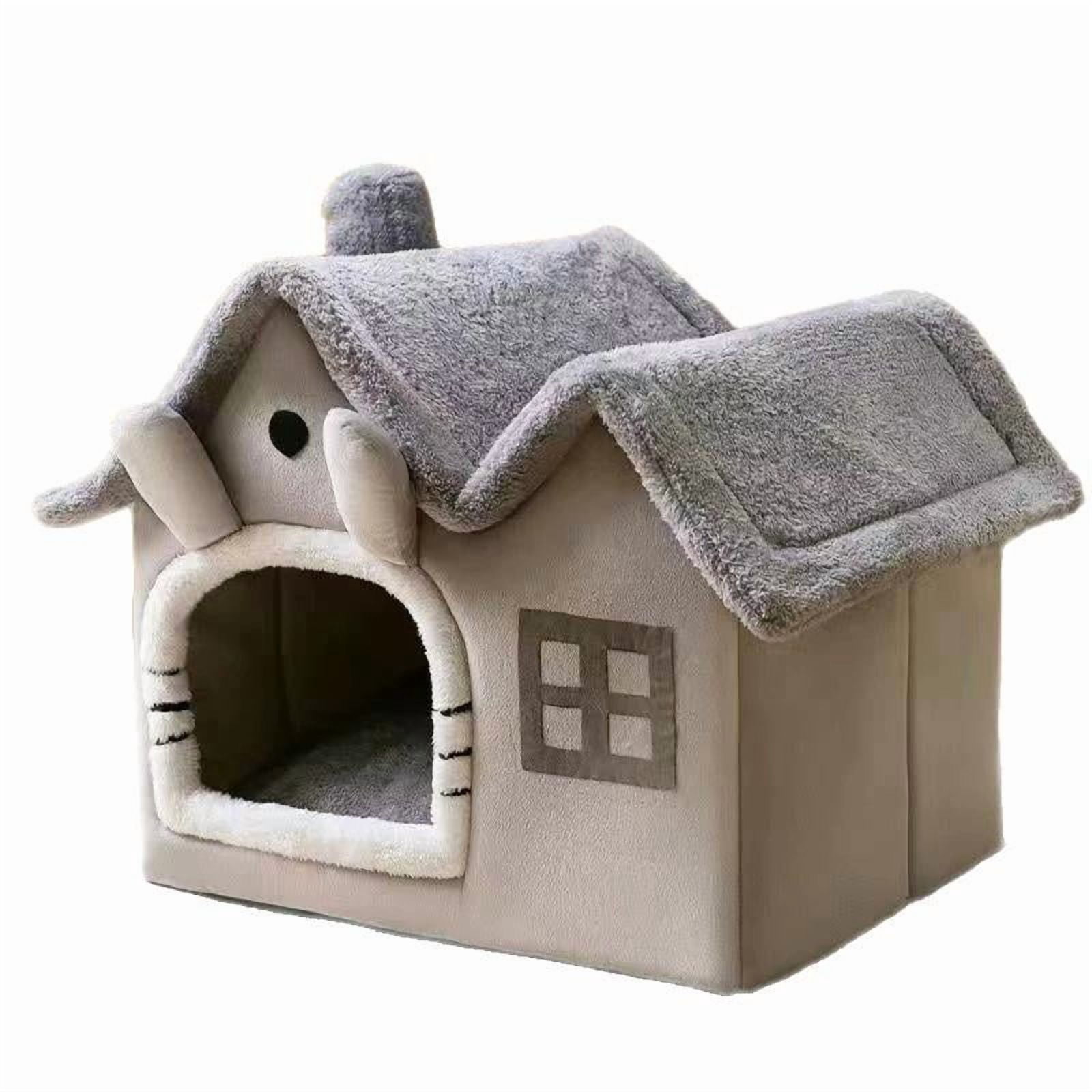 Pekkaxy Foldable Cat Bed, 13 x 12 x 11.8 Inch Gray Cave, Thick Coral Fleece for Indoor Winter Warmth and Security